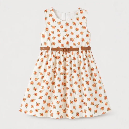 Sunflower Print Cotton Dress With Belt | Peakachu