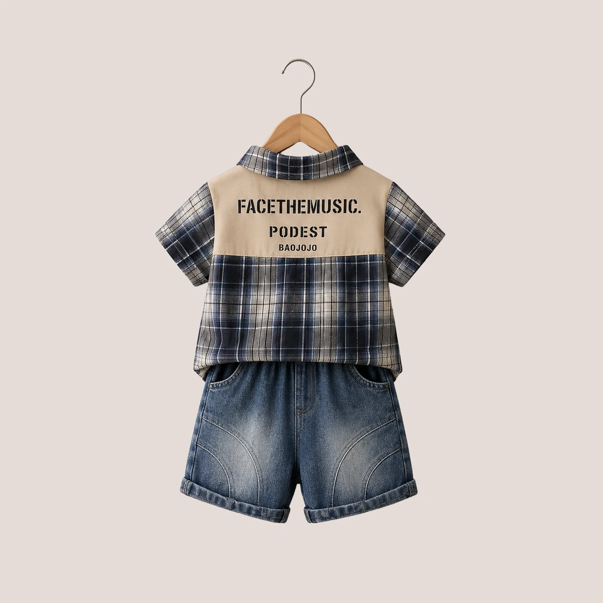 Checkered Shirt + Graphic T-Shirt + Denim Shorts | Peakachu