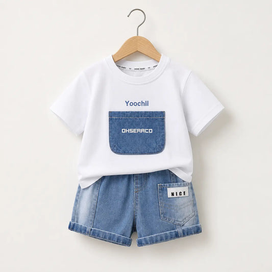 Shirt With Denim Chest Pocket Design + Denim Shorts | Peakachu