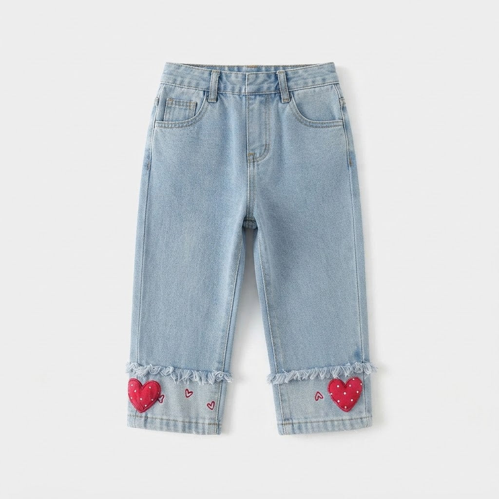 Heart Embroidered Cuff Jeans | Peakachu