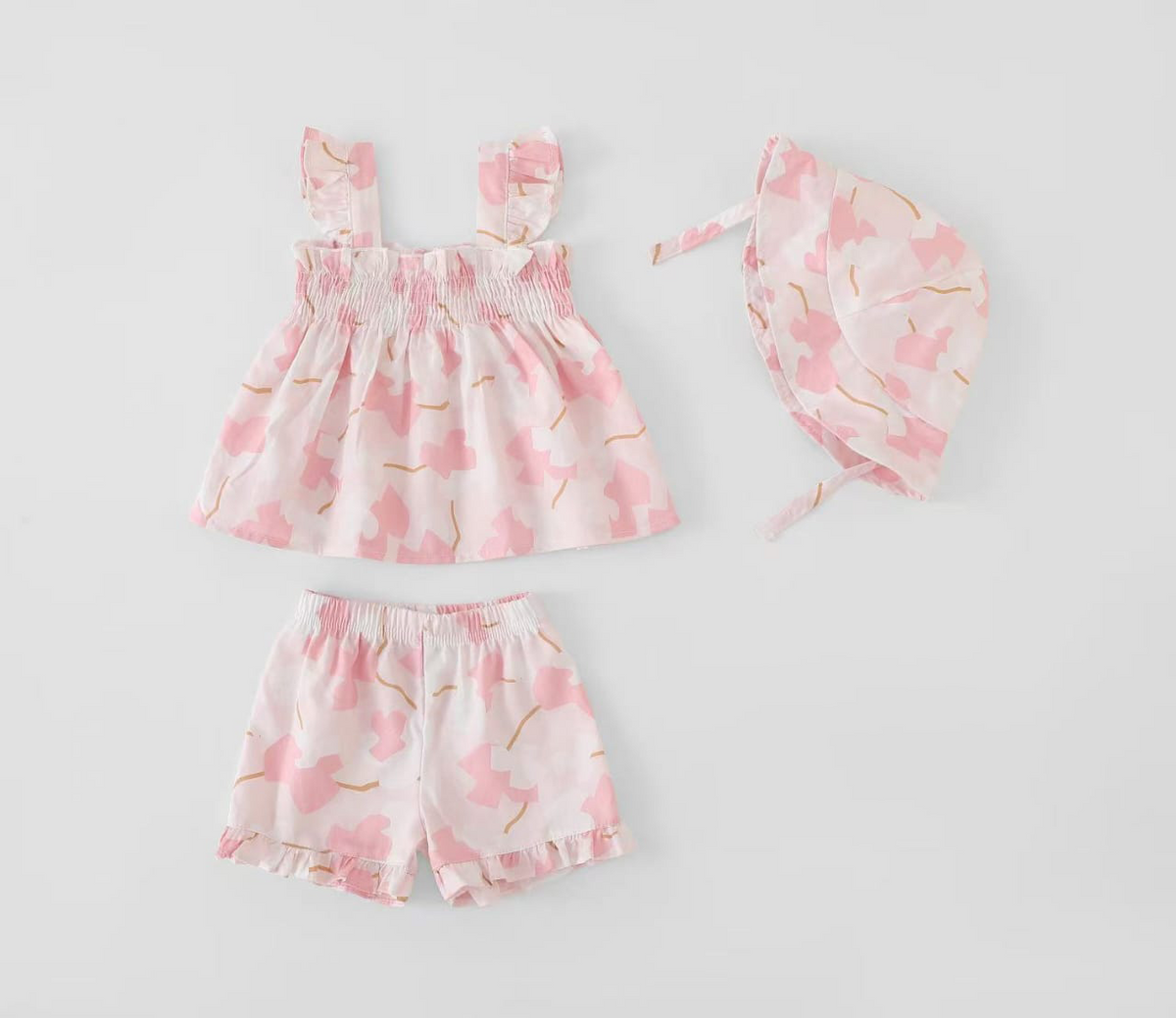 Pink/White Leaves Printed Top + Shorts + Bonnet | Peakachu