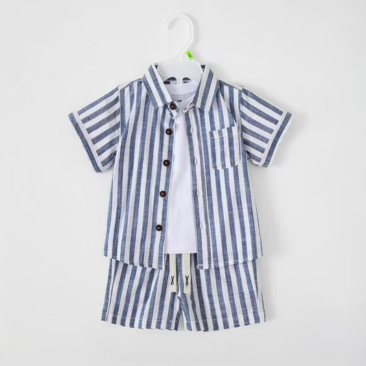 Washed Out Stripe Button Up Shirt + White T-Shirt + Shorts | Peakachu