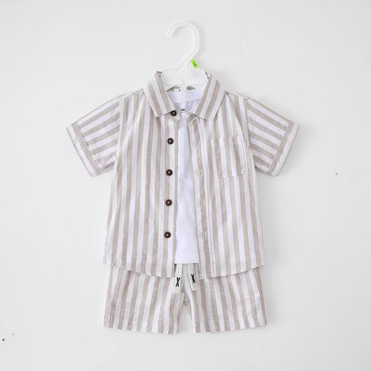 Washed Out Stripe Button Up Shirt + White T-Shirt + Shorts | Peakachu