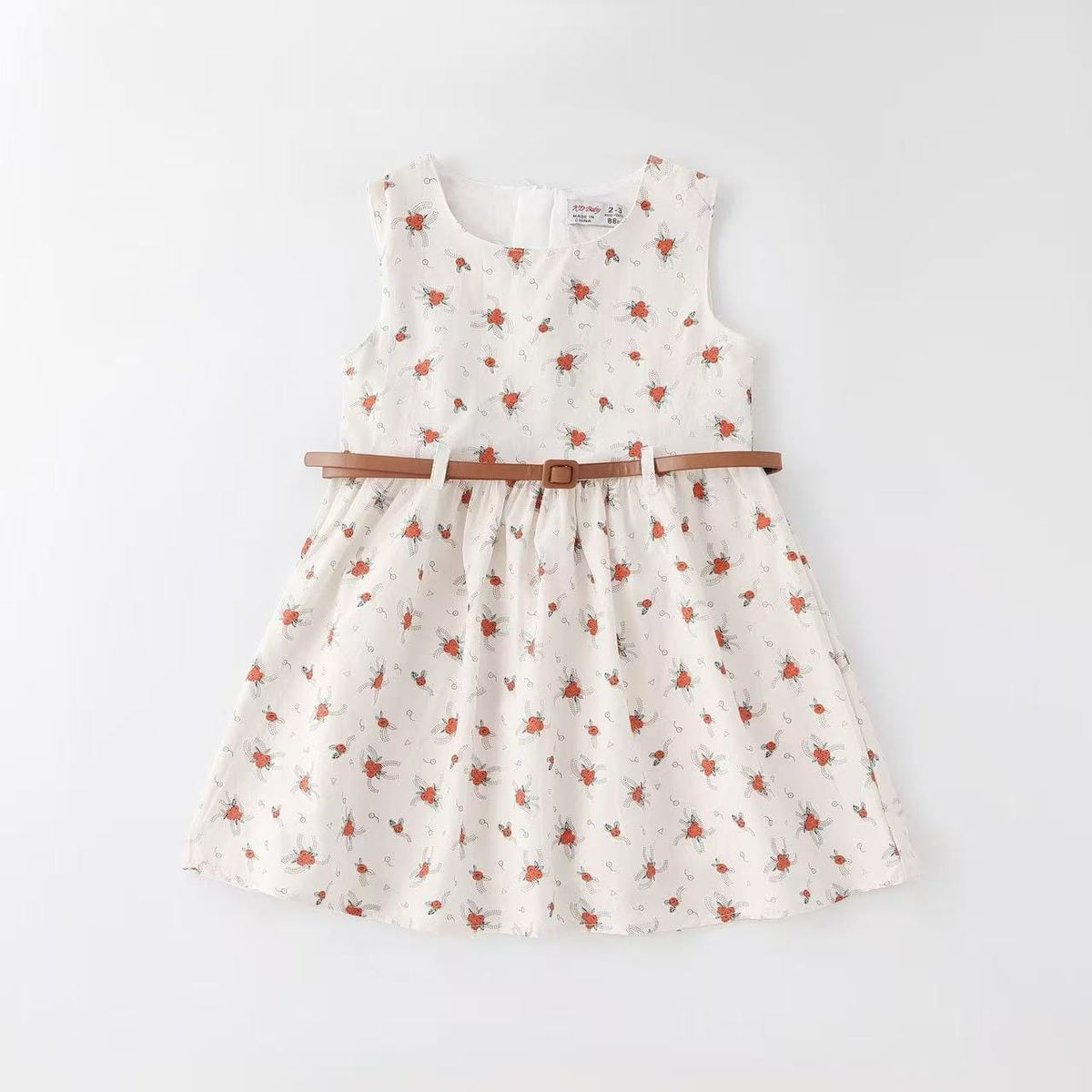 Rose Printed Cotton Dress With Belt | Peakachu
