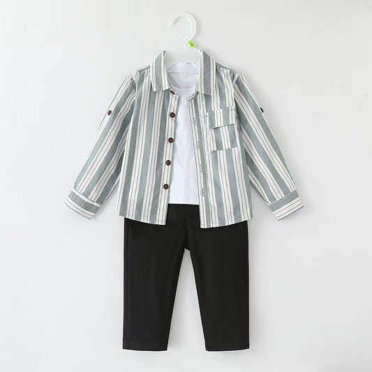 Stripe Print Shirt (With Pocket) + T-shirt+ Pants | Peakachu
