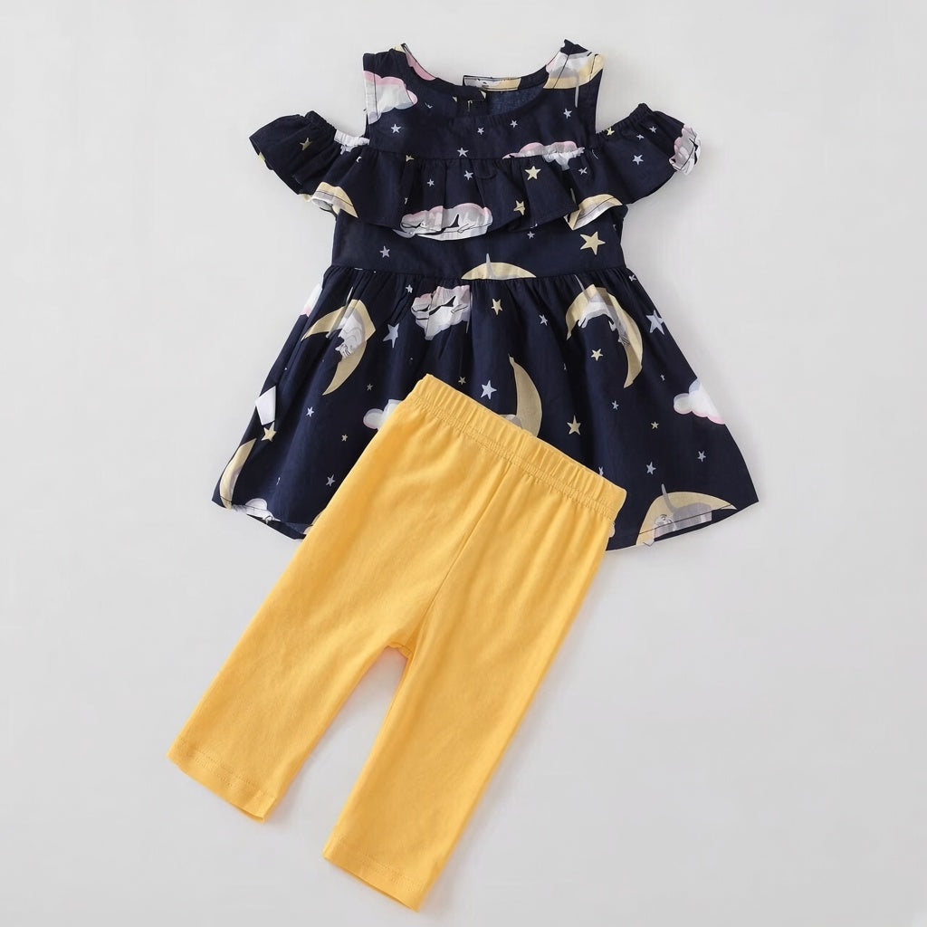 Cold Shoulder Moon Printed Shirt + Yellow Leggings | Peakachu