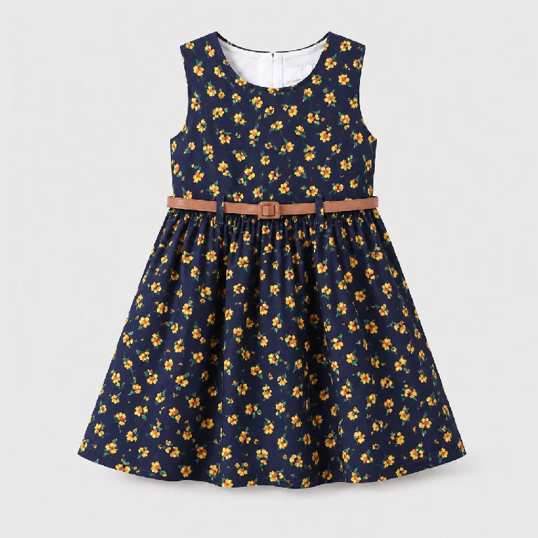 Sunflower Print Cotton Dress With Belt | Peakachu