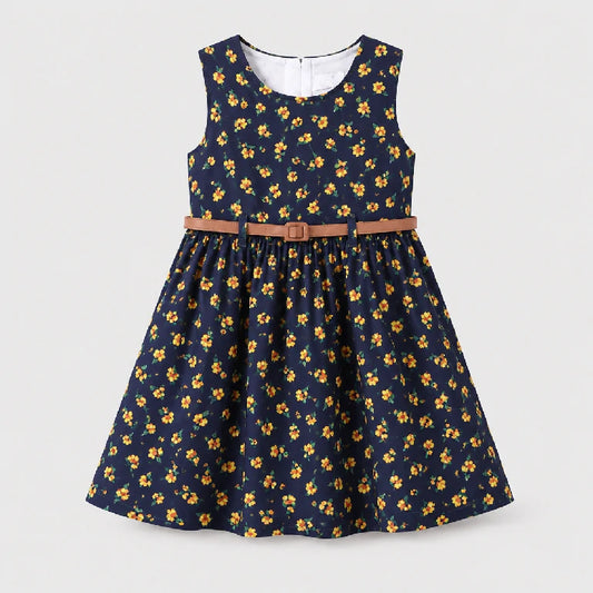 Sunflower Print Cotton Dress With Belt | Peakachu