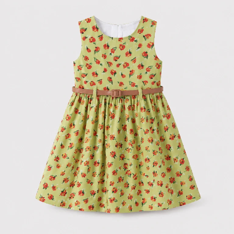 Sunflower Print Cotton Dress With Belt | Peakachu