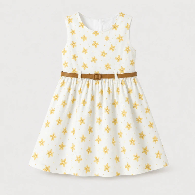 Star Printed Cotton Dress With Belt | Peakachu