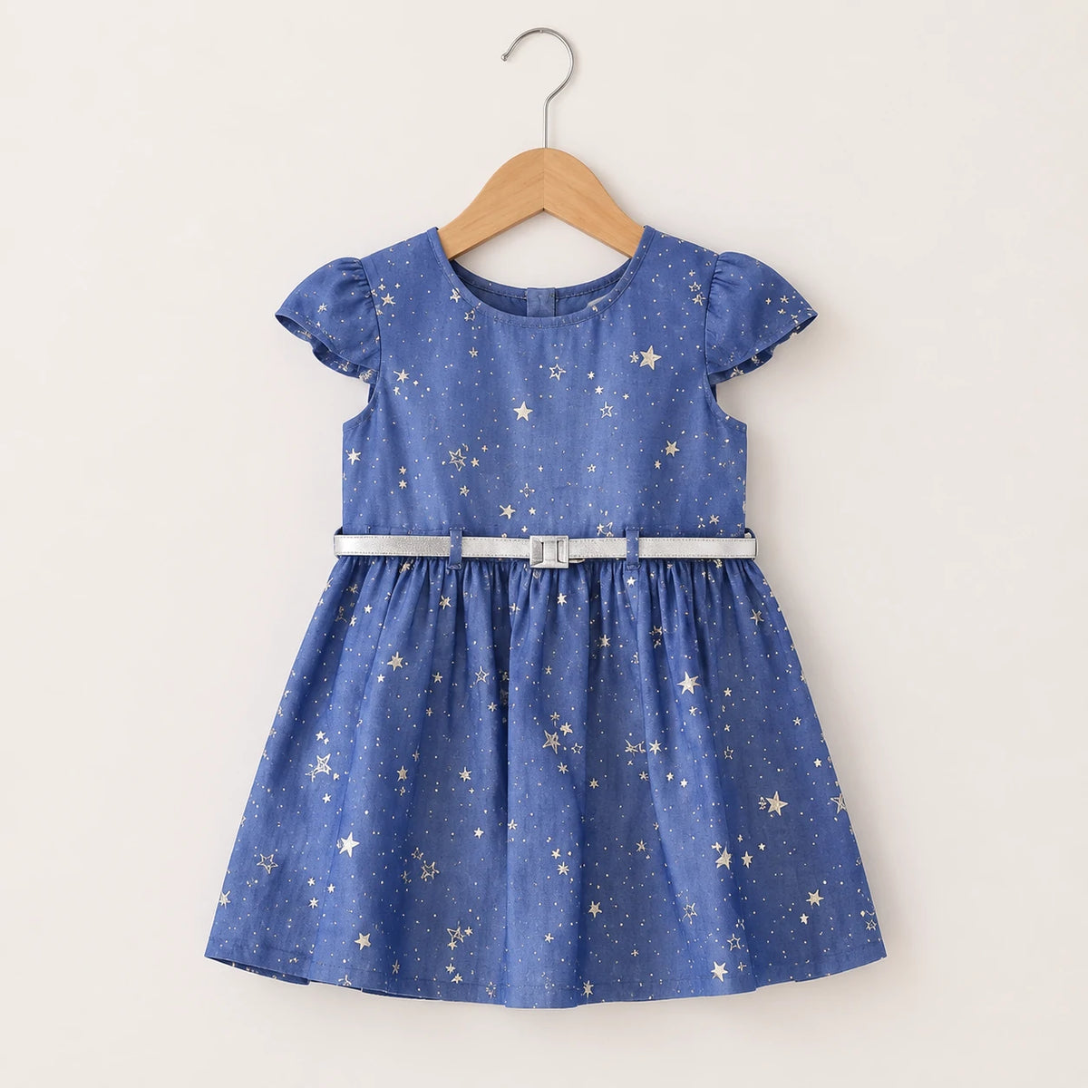 Star Printed Cotton Frock With Belt | Peakachu