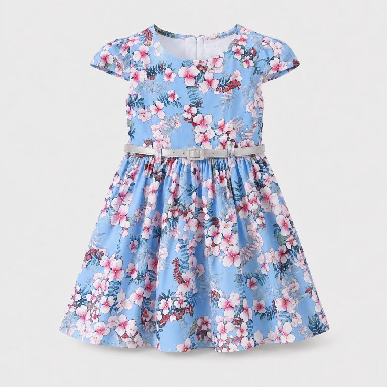 Short Sleeve Nature Printed Dress With Belt | Peakachu