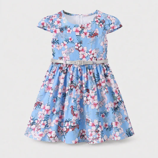 Short Sleeve Nature Printed Dress With Belt | Peakachu