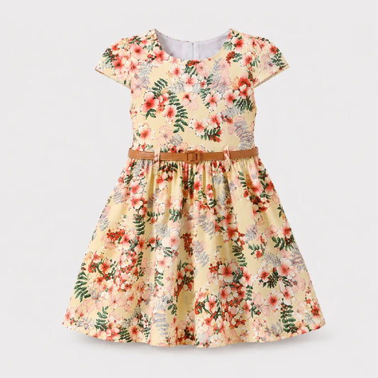 Short Sleeve Nature Printed Dress With Belt | Peakachu