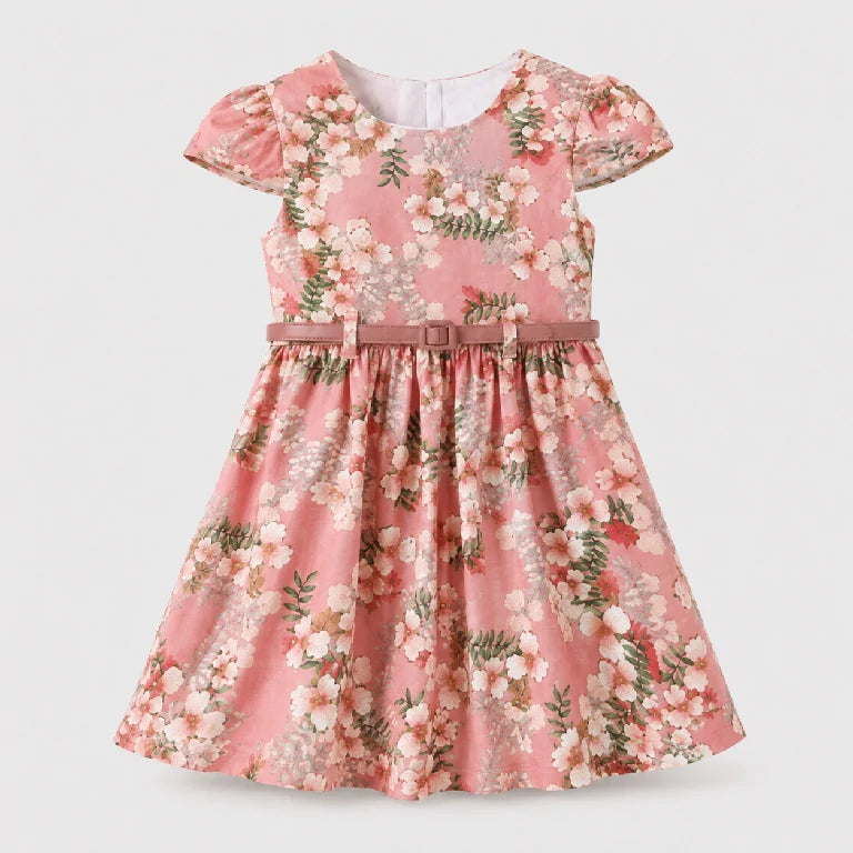 Short Sleeve Nature Printed Dress With Belt | Peakachu