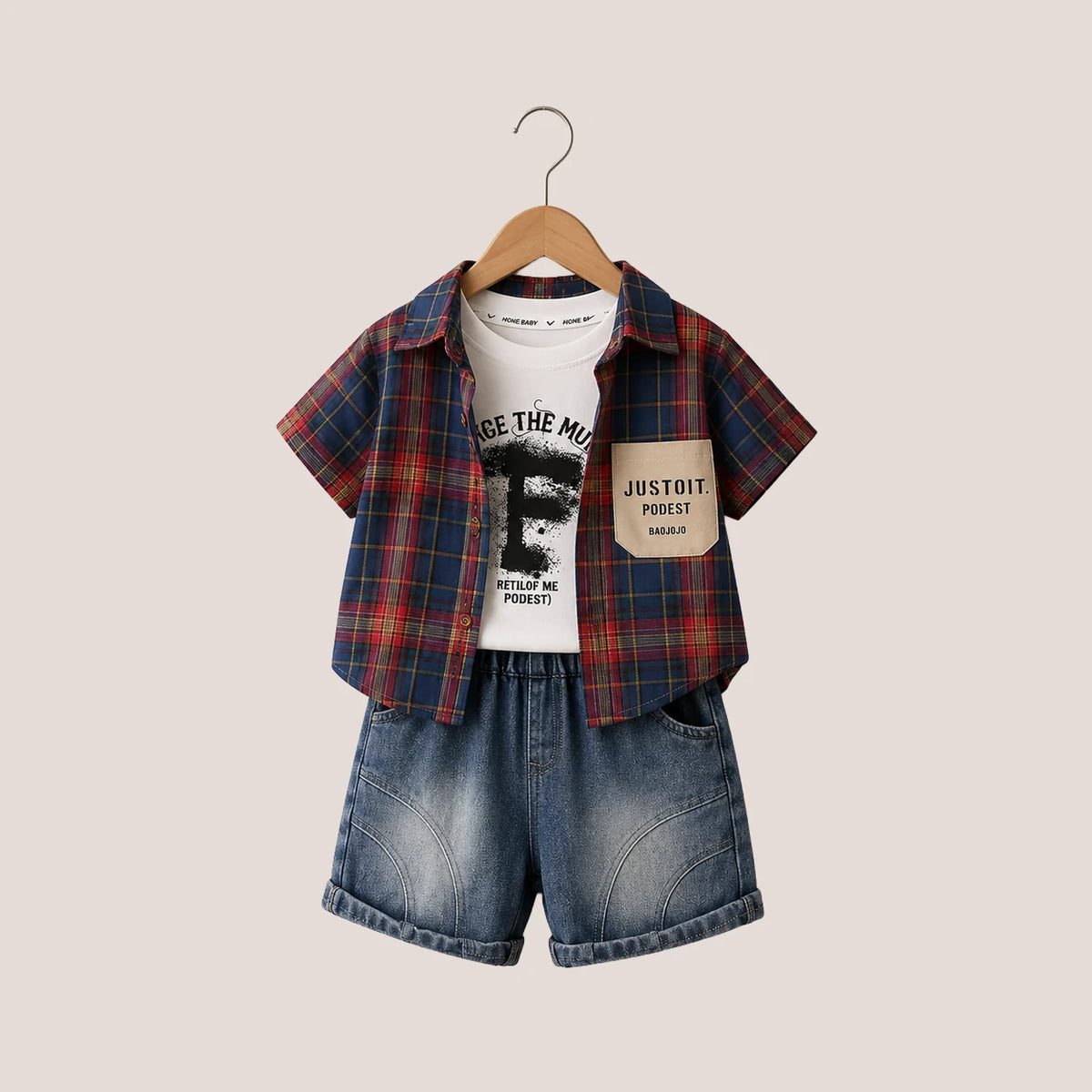 Checkered Shirt + Graphic T-Shirt + Denim Shorts | Peakachu