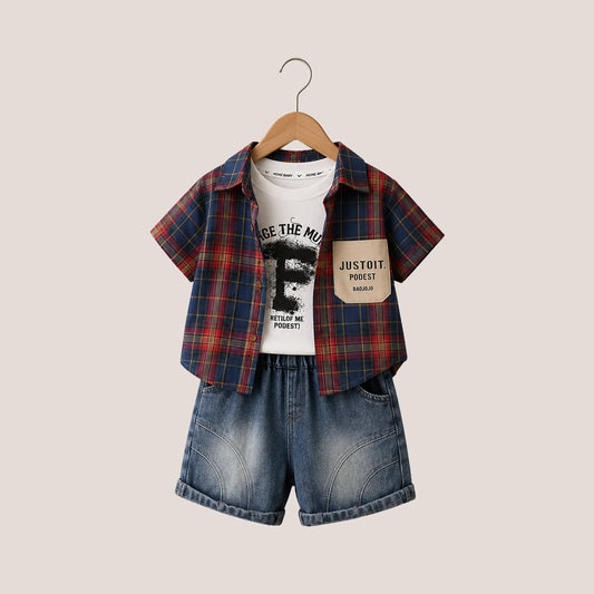 Checkered Shirt + Graphic T-Shirt + Denim Shorts | Peakachu