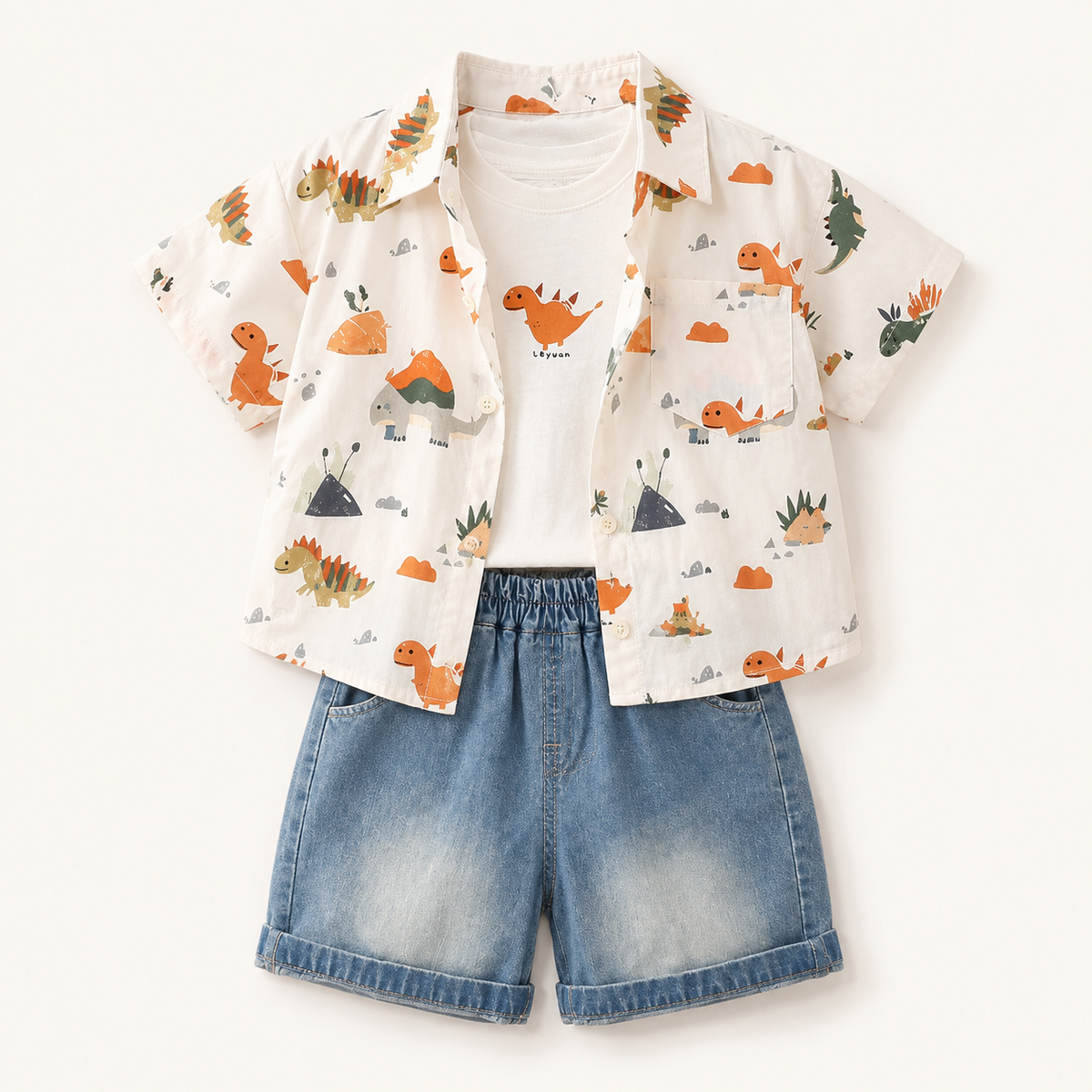 Dinosaur Print Shirt + Graphic T-Shirt + Denim Shorts | Peakachu