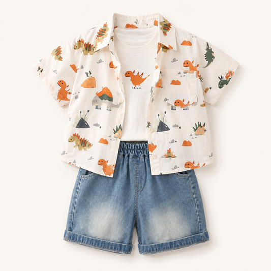 Dinosaur Print Shirt + Graphic T-Shirt + Denim Shorts | Peakachu