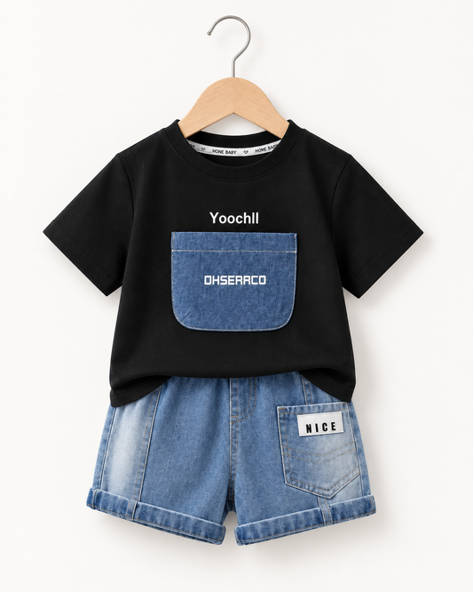Shirt With Denim Chest Pocket Design + Denim Shorts | Peakachu