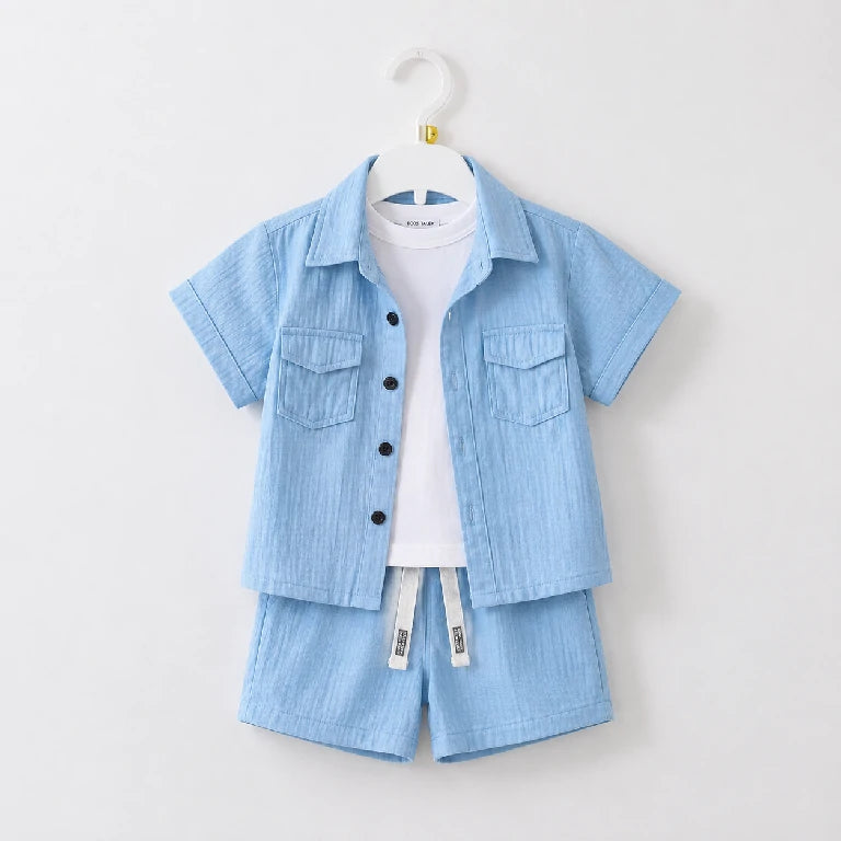 Solid 2 Pocket Button Up Shirt + White T-Shirt + Shorts | Peakachu