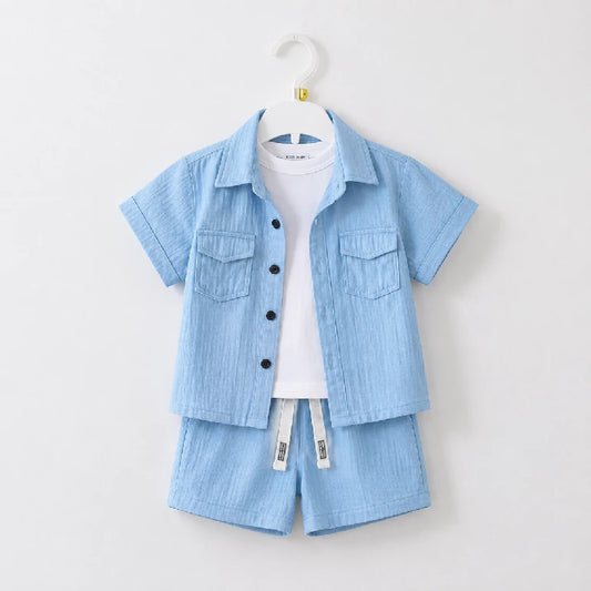 Solid 2 Pocket Button Up Shirt + White T-Shirt + Shorts | Peakachu