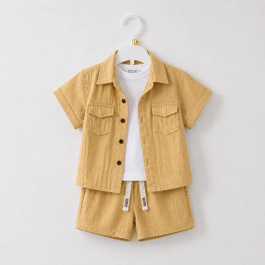 Solid 2 Pocket Button Up Shirt + White T-Shirt + Shorts | Peakachu