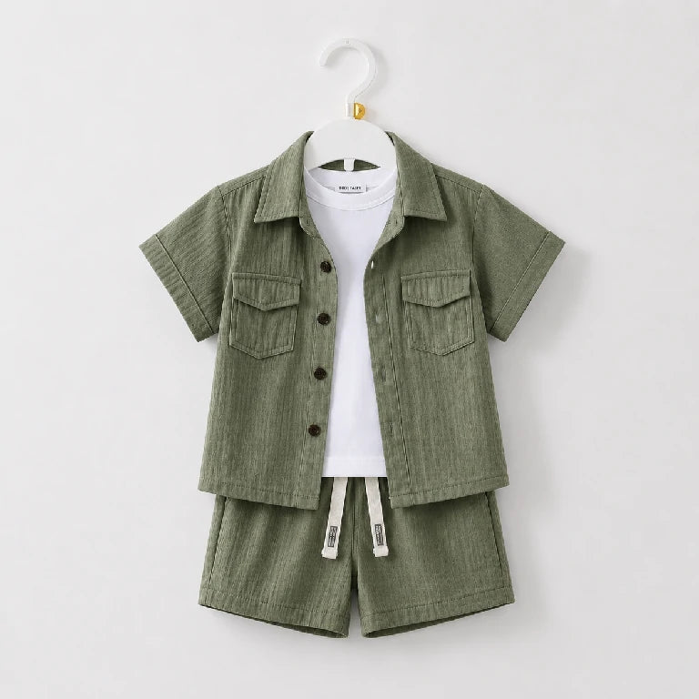 Solid 2 Pocket Button Up Shirt + White T-Shirt + Shorts | Peakachu