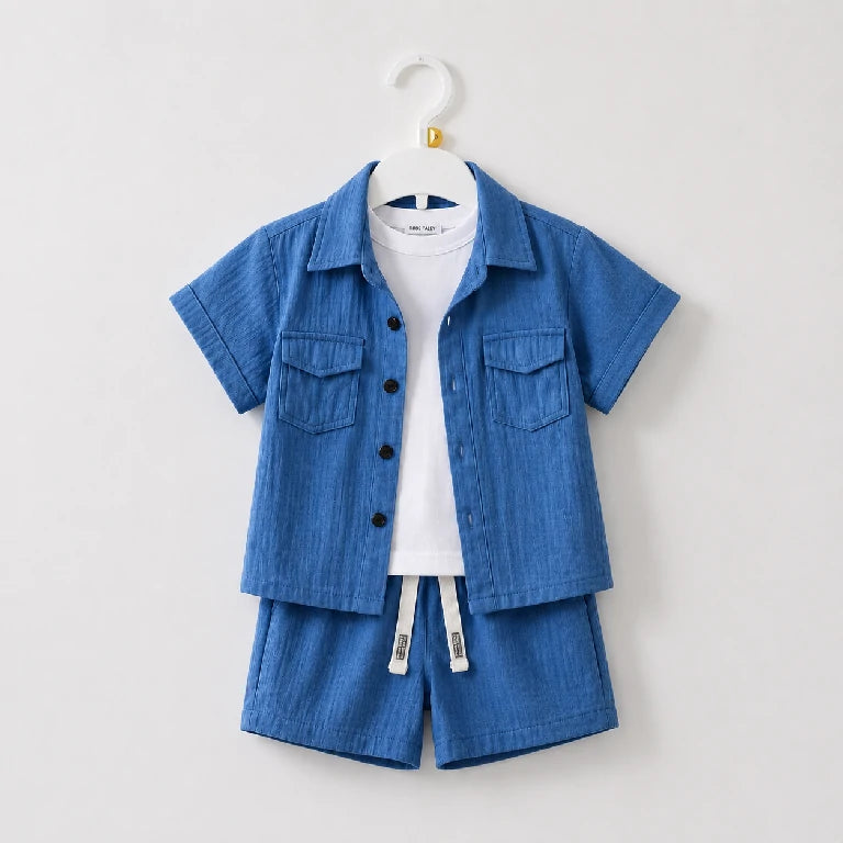Solid 2 Pocket Button Up Shirt + White T-Shirt + Shorts | Peakachu