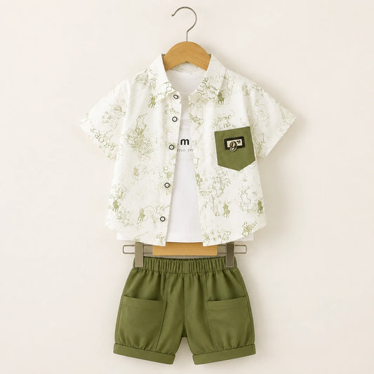 Graphic Button-Up Shirt + Inner T-shirt + Shorts | Peakachu
