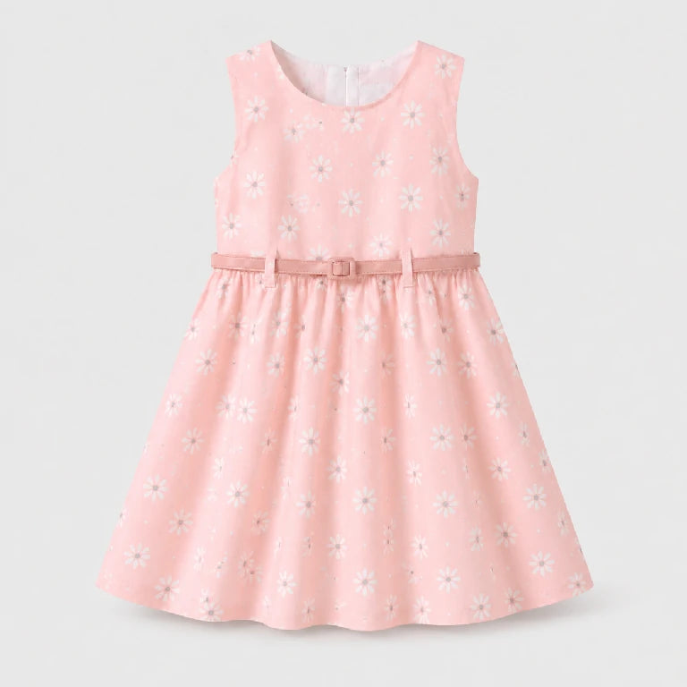 Flower Sleeveless Frock With Belt | Peakachu