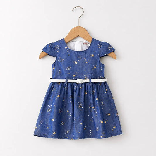 Heart Print Cotton Frock With Belt | Peakachu