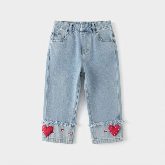 Heart Embroidered Cuff Jeans | Peakachu