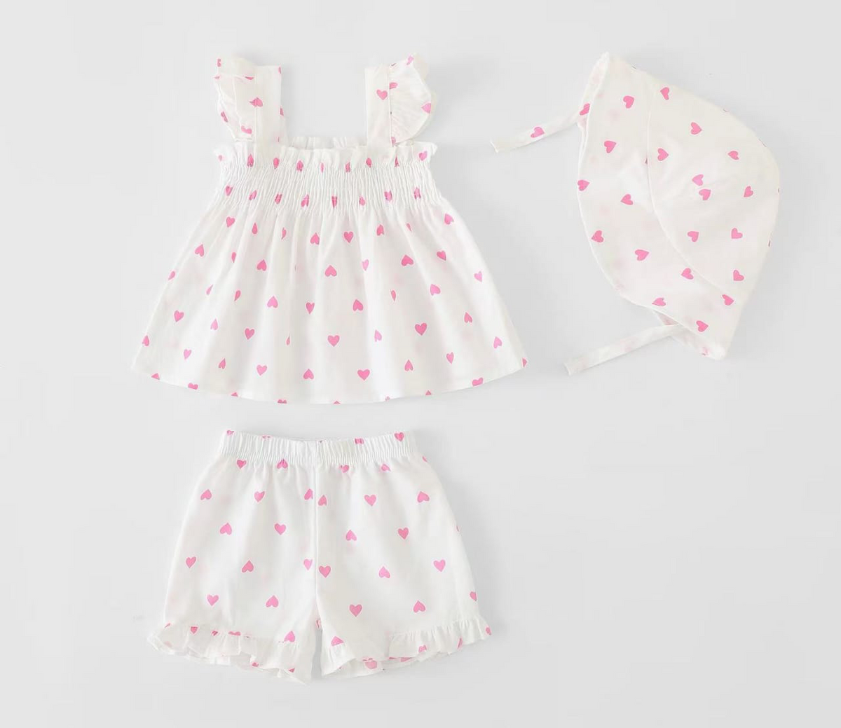 White Heart Printed Strap Top + Shorts + Bonnet | Peakachu