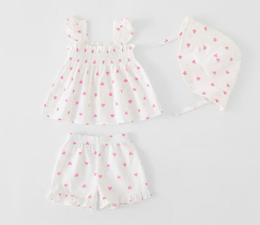 White Heart Printed Strap Top + Shorts + Bonnet | Peakachu