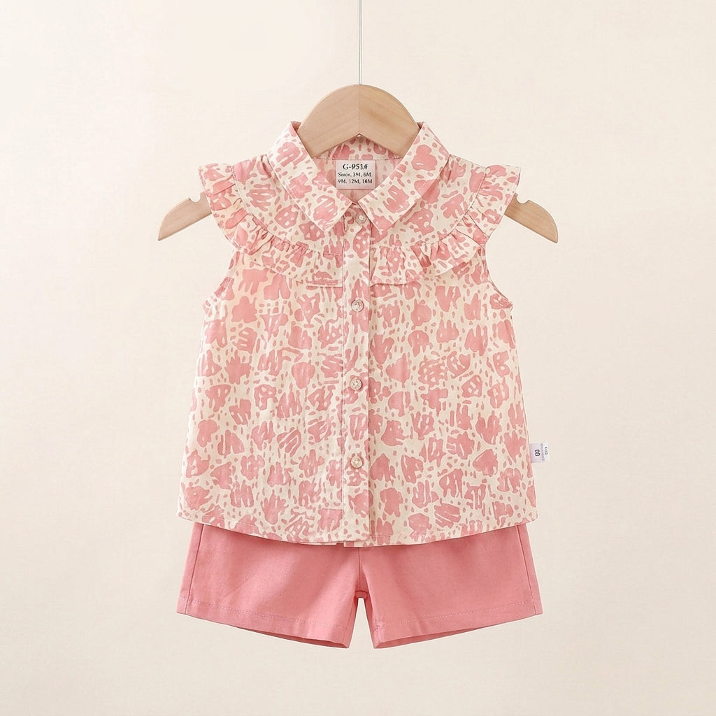 Pink Printed Ruffle Shirt + Pink Shorts | Peakachu