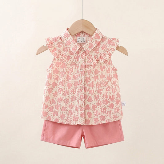 Pink Printed Ruffle Shirt + Pink Shorts | Peakachu