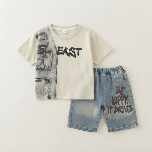 Letter Print Shirt + Denim Shorts | Peakachu