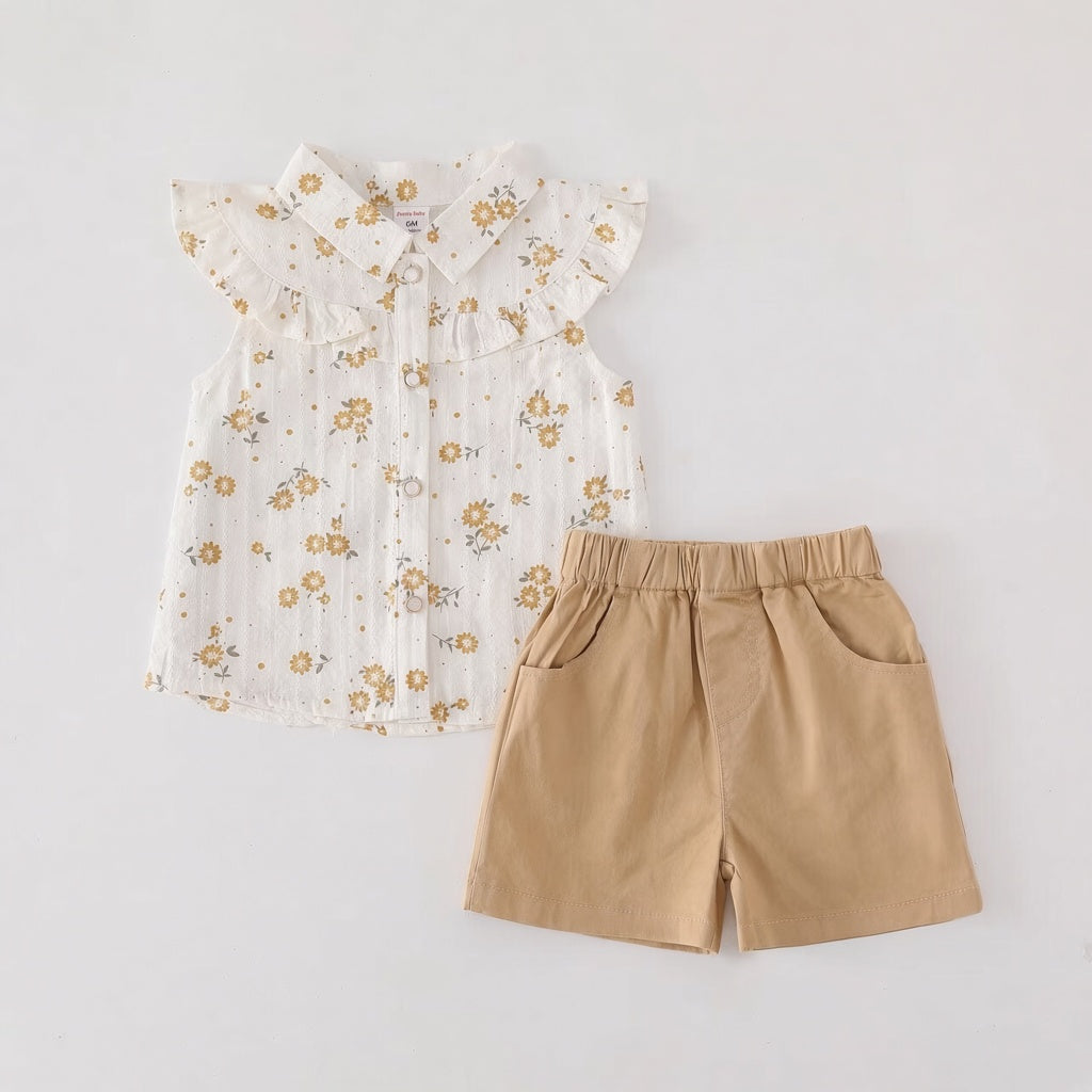 White Floral Ruffle Shirt + Shorts | Peakachu